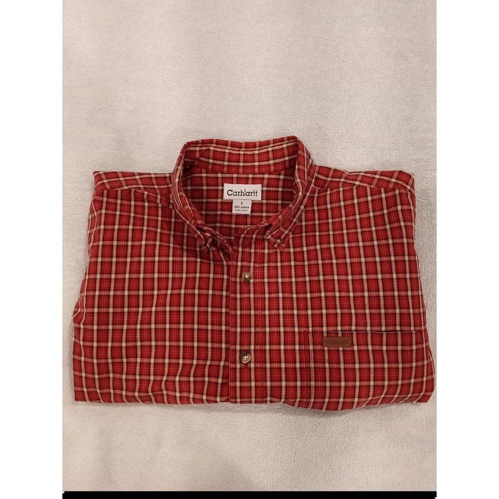 Carhartt Button Down Plaid Flannel Long Sleeve Shirt Mens Sz L Red Collar Plaid